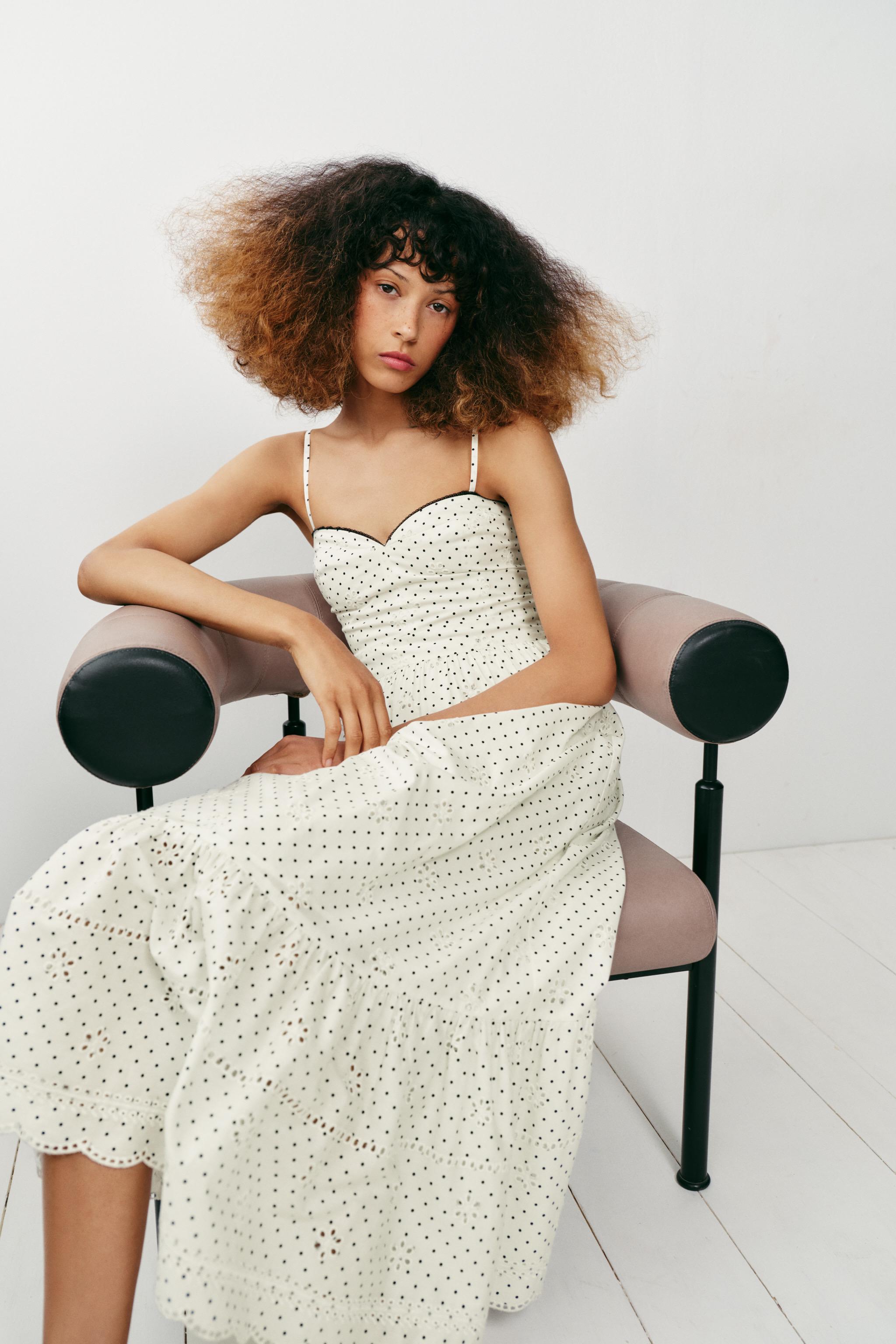 PRINTED EMBROIDERED EYELET MIDI DRESS